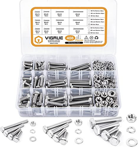 VIGRUE 408 Stück M5 M6 M8 Sechskantschrauben Edelstahl A2 Schrauben Set mit Muttern Unterlegscheiben DIN933 Bolzen Vollgewindeschrauben Maschinenschrauben Gewindeschrauben zur Reparatur
