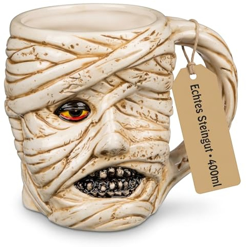 MIJOMA Fantasy Henkelbecher 400 ml – Mumien-Design für Kaffee oder Tee – Steingut mit plastischer Bandagenform – Geschenkidee, Sammlerstück und Halloween-Deko