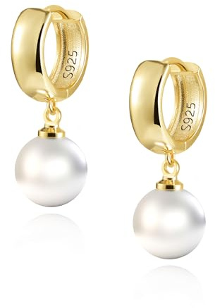 ASH'S CHOICE Orecchini da donna con perle d’acqua dolce argento 925, Orecchini di Perle Sfera Rotonda, per Donne e Ragazze Orecchini a Cerchio Ipoallergenici Placcati in oro 14K earrings