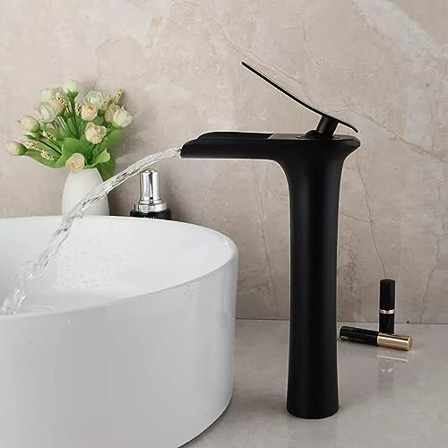 VFfotO Matte Schwarz Badezimmer Waschbecken Massiv Messing Hohe Wasserhahn Deck Montiert Einhand-Armaturen Badewanne Wasser Mischbatterie