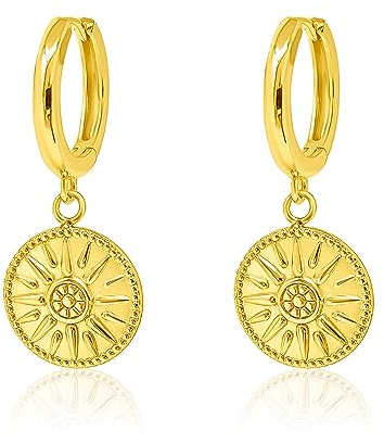 Mary & Jules Creolen Gold 925 Sterling Silber vergoldet mit Sonnen Anhänger, aus recyceltem Silber, Ohrringe Damen Gold, Durchmesser 12 mm, Klappcreolen mit Münz Anhänger für Frauen & Mädchen