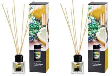 Raumduft im Glas mit Duftstäbchen im 2er-Set – 2x50 ml – für Badezimmer, Hausflur, Wohnzimmer, Küche, Abstellraum – eignet Sich auch als Geschenk zu Weihnachten und Geburtstag (Southern Citrus)