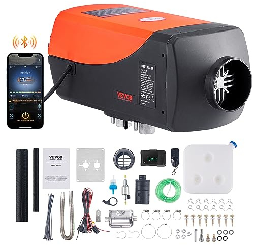 VEVOR Calentador de Aire Diesel 12V 5kW Consumo 0,16-0,52L/h Calefacción Estacionaria 8~36°C Ajustable 15-20m² Control Inteligente con LCD Bluetooth Mando a Distancia Depósito de 10L para Camión Barco