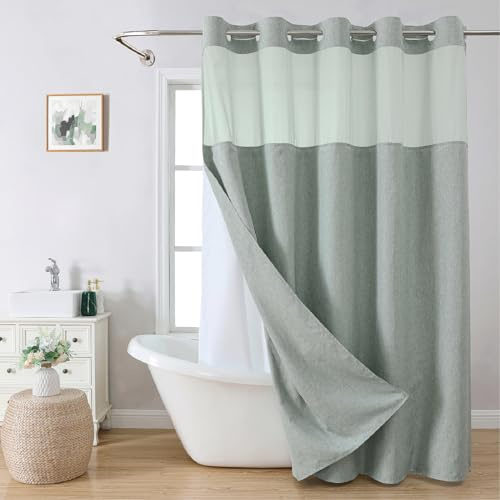 eachope Duschvorhang, extra lang, Keine Haken erforderlich, Leinenstruktur, mit einrastbarem Stoffeinsatz, Salbeigrün, Hotel, Luxus-Dekor, Duschvorhänge für Badezimmer, wasserdicht und waschbar, 71 x