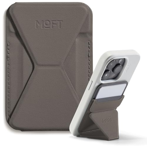 MOFT Magnetiskt plånboksstativ korthållare för iPhone 15/14/13/12 serie kompatibel med MagSafe, MOVAS magnetiskt mobilstativ av veganskt läder med 3 betraktningsvinklar, 2 kort, brungrå