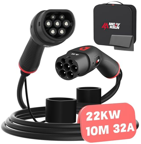 MCEVKELN Cable de Carga Coche Electrico Tipo 2 |32A 22KW | Trifásica |10 Metros |Tipo 2 a Tipo 2 | Cargador EV Cable de Carga IEC 62196-2 para Vehículos Eléctricos y Híbrido Plug-in, con Bolsa