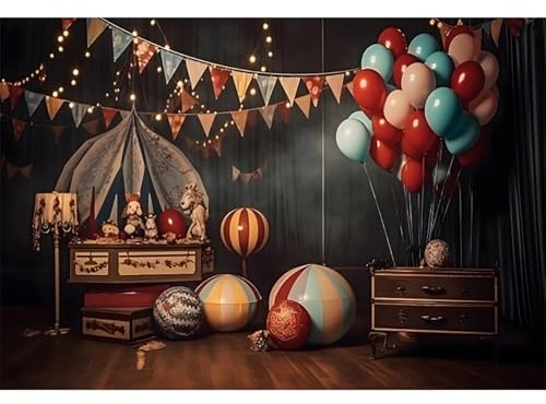YongFoto 3x2,5m Sfondo fotografico Circo Giocattoli Palle Palloncini Bandiera triangolare Sfondo per la fotografia per bambini Tema Carnevale Compleanno Spettacolo Oggetti di scena per ritratti
