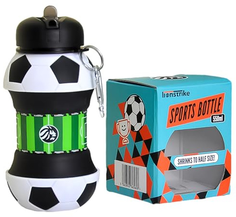 Lionstrike Kinder Fußball Trinkflasche | Zusammenklappbare & Wiederverwendbare Sportflasche für Schule, Sport & Outdoor | Fußball Geschenk für Jungen & Mädchen 550 ml