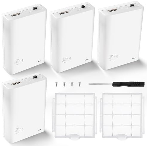 KUOQIY 4 Pièces 3x1.5V AA Supports de Piles, Boîtier de Batterie avec Intégré Prise Femelle USB Couvercle et Interrupteur On/Off, avec 2 Pièces Boîte à Piles en Plastique et Tournevis et Vis, Blanc