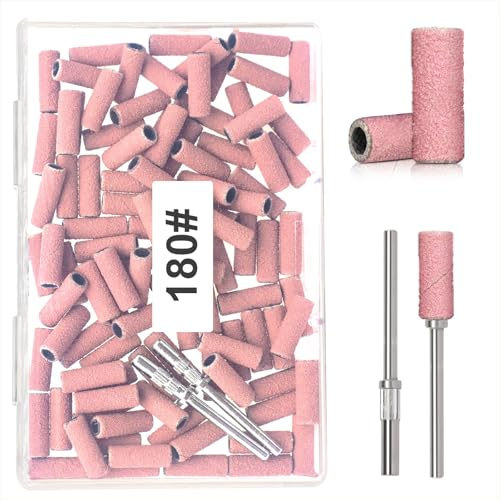 100 bandas de lijado pequeñas de grano 180 para taladro de uñas con 2 brocas de mandriles mejorados de 3/32 pulgadas, mini bandas de lijado para taladro de uñas para manicura y uso para entusiastas de