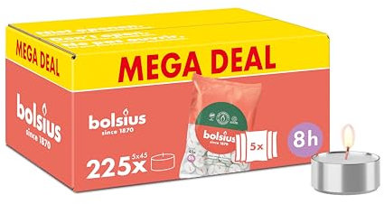 Bolsius - Großpackung Teelichter - 225 Stk. - 8 Brennstunden - Weiß - Enthält Naturliches Pflanzenwachs - Länge Brenndauer - Dekorative Haushaltkerzen - Ohne Palmöl
