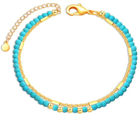 VIVILE Gold Silber Türkis Perlen Fußkettchen für Damen und Mädchen,Festival und Strand Accessoires,Handmade Boho Fußkettchen Größenverstellbar,Wasserfester Schmuck