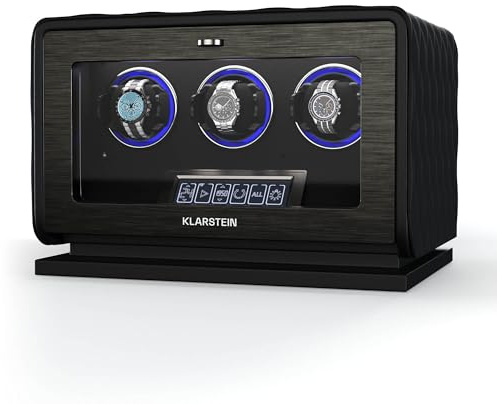 Klarstein LuminousTime Uhrenbeweger für 3 Uhren – Automatik-Uhrenbeweger mit Flüsterleisem Japanischem Motor, LCD-Touchpanel & Fernbedienung, 20 TPD-Einstellungen, RGB & LED-Beleuchtung, Veganes Leder