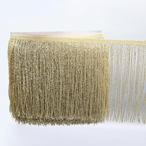 WANYI Ribete de flecos de 20 cm de ancho, borla de lentejuelas, borla de seda, ribete de flecos, flecos de baile, accesorios de costura para vestido de baile latino, ropa de escenario, apparel (oro