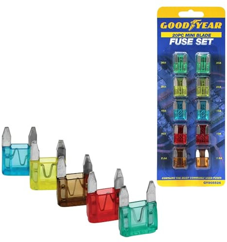 Goodyear 20pc Mini Blade Fuses - Comprehensive Automotive Fuse Set, Includes Standard, Mini & Maxi Fuses, 4x Each: 7.5A, 10A, 15A, 20A, 30A, UL, IEC, NEC Certified