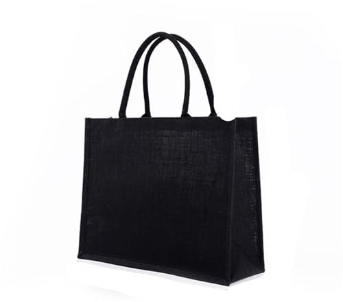 Borse In Tessuto Di Juta Borsa tote in tela nera con manico Borse in lino Pacchetti for pendolari portatili di grande capacità Borse for la spesa versatili Borsa In Juta Naturale Con Manici(Black-L)