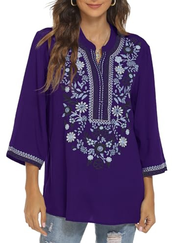 Seasonal Women's Boho Embroidered Tops Mexican Peasant Style Bohemian 3/4 Sleeve Shirt Hippie Clothes Summer Tunic Blouses (Purple-372, L)