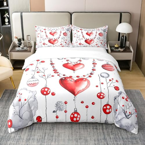 Homemissing Merry Christmas Bedding Set Red Love Heart Comforter Cover Set Single Size Christmas Ball 100% Cotton Duvet Cover Decor Christmas Nutcracker Bedspread Cover Bedding Collection 2Pcs