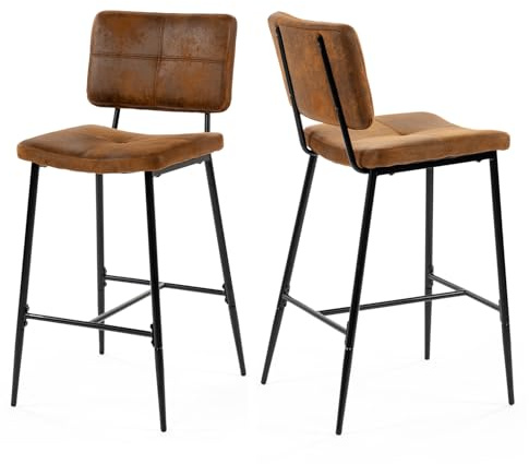 MEUBLE COSY Set di 2 Sgabelli da Bar, Sgabello Alto con Schienale e Poggiapiedi, Sedia Cucina Imbottiti in Pelle Scamosciata, per Bancone, Sala da Pranzo e Casa, Marrone