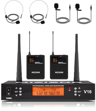 MIZISNR Wireless Lavalier Lapel Microphone System, 2 Channel UHF Headset Mics and Receiver Set with 100 Adjustable Frequencies for Singing, Church, Meeting, Wedding