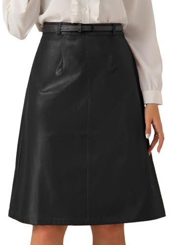 Allegra K Jupes en Similicuir Femme Jupe Midi Crayon Vintage avec Ceinture Taille Haute Jupe Mi-Longue Trapèze Noir XL
