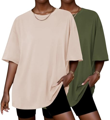 Ekouaer 2 Pack Womens Pajama Tops Short Sleeve Oversized T Shirts Summer Spring Tops 2025 Basic Casual Tee Top Army Green/Beige L