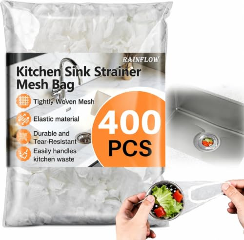 RAINFLOW 400 Pack Disposable Drain Covers for Kitchen Sink Strainers | Fine Mesh Sink Strainer Bags for Sourdough, Food Scraps, Coffee Grounds and Hair in Kitchen and Bathroom