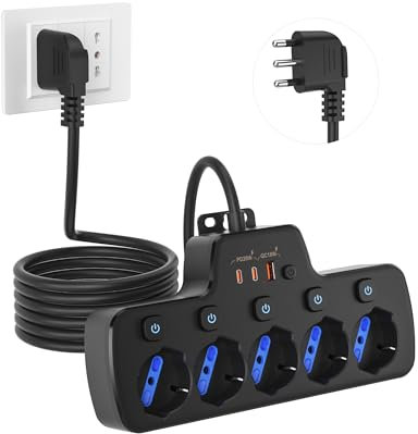Ciabatta Elettrica Multipresa con Interruttore e USB C PD20W Ricarica Rapida,5 Posti Polivalenti Schuko Bipasso 10/16A,Universali Presa Multipla Angolate 45°,Spina 16A,Prolunga Elettriche 1.5 m,Nero