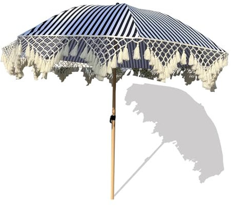 Parasol Rayé 200 cm avec Franges, Parasol Rayé Portable avec Protection UV, Inclinable par Bouton-Poussoir