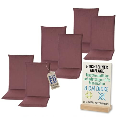 Pillows24 - Hochlehner Auflagen 6er Set - 120x50cm – 8cm Dick - Premium-Material 200gsm, UV- & Wasserabweisend | Sitzauflagen Hochlehner | Sitzkissen Gartenstuhlauflagen - Gartenmöbel Stuhl | Pflaume