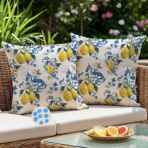 Kiatuniya Funda Cojin Exterior Impermeable 40x40 cm Limón Amarillo Azul Cuadros Fundas Cojines Decorativos Moderna Lavable Funda Almohada para Sofá Jardín Silla Terraza Balcones Salón, Juego de 2