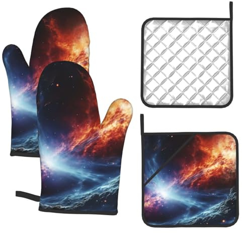 4PCS Oven Mitts and Pot Holders Set, Outer Space Stars Heat Resistant Oven Gloves Waterproof Cooking Gloves Hot Pads with Hanging Loop for Kitchen BBQ Outdoor Grilling