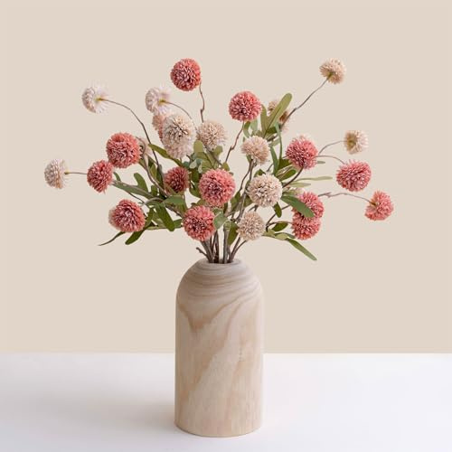 SUNNY BROOK Artificial Dandelion Flowers with Wooden Vase, 7 Pcs Silk Fake Chrysanthemum Floral Arrangement for Home Autumn Decor, Table Centerpiece, Living Room Season Decoration (Beige & Pink)