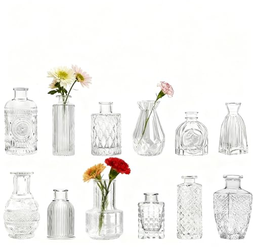 Windfromort Set 12 Vasi Piccoli Vetro Trasparente Lavorato da Tavola | 12 vasetti in vetro vintage con rilievi. Resistenti, ideali per fiori secchi, matrimoni e centro tavola elegante.