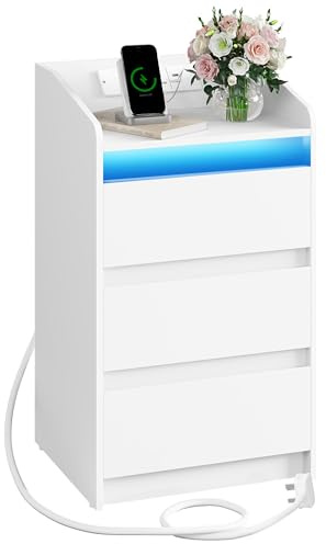 Hzuaneri Bedside Table with 3 Drawers, Charging Station and LED, White | Bedside Cabinet, Side Table, 2 AC and 2 USB Ports, Nightstand for Bedroom, Living Room, End table, NS40003XUK