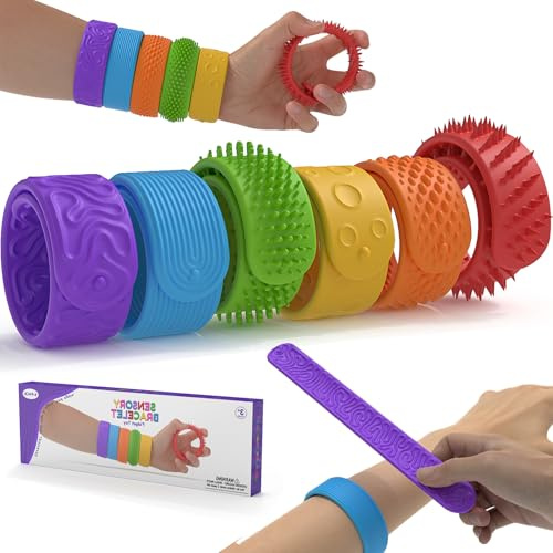 6 Stück strukturierte Armbänder für Kinder und Erwachsene, sensorisches Spielzeug für Kinder mit Autismus-Angsthilfe, Belohnungen für Klassenzimmer, Büro, Socken für Jungen und Mädchen | Strukturiertes Silikon, leise und tragbar, Stressabbau für Angst, Fidget-Spielzeug für Erwachsene, Klassenzimmer und Reisen