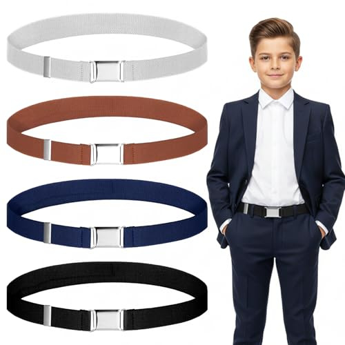4 Pcs Kids Elastic Belt No Magnet - Toddler & Boy Adjustable Stretch Belt with Smooth Metal Buckle, Easy Snap Closure, Comfortable Fit for Pants, Jeans & Uniform - (Silver Grey, Navy, Black, Brown)