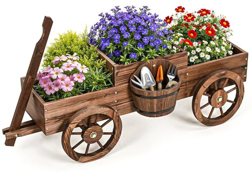 Pamapic Huerto Urbano, Huerto Elevado Tipo Carrito con Asa y Ruedas, Jardineras Exterior Grandes de Madera/Carretilla para Hortalizas Flores Patios Jardines Balcones Interior, 158,5x54x41cm, Marrón