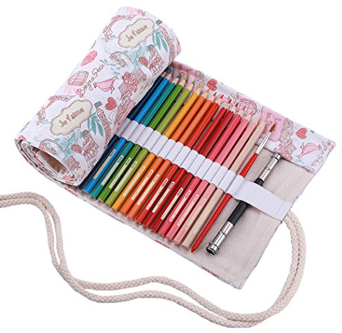 Amoyie Trousse a Crayon Enroulable pour 72 Crayons de Couleur, Pliable Pochette de Crayon, Etui Art Tissu, Sac de Rangement Toile, Paris