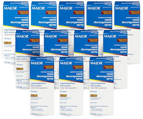 MAJOR Maximum Strength Nasal Decongestant Spray, Oxymetazoline HCl 0.05% Pump Mist, Non-Drowsy Nasal Spray, up to 12-Hour Relief from Nasal Congestion, Colds, and Allergies 1 Fl. Oz. (12-Pack)