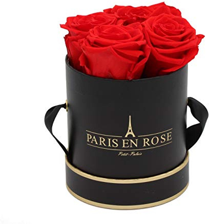 PARIS EN ROSE Rosenbox | mit 4 roten Infinity Rosen Größe XL | konservierte ewige Rose |runde Schwarz-Goldene Box | 3 Jahre haltbar | Grußkarte