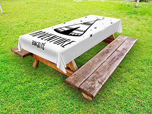 ABAKUHAUS en Disant Nappe Extérieure, Tente étoiles Doodle et Mots, Nappe de Table de Pique-Nique Lavable et Décorative, 145 cm x 210 cm, Blanc et Noir