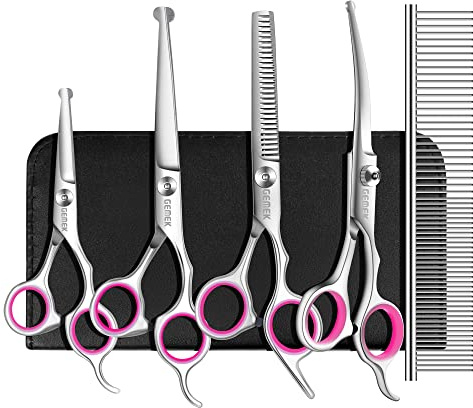 GEMEK Hundepflege Schere Set, 4CR Edelstahl Sicherheit Runde Spitze Pet Professional Grooming Tool 5 Stück Kit - gerade, gebogen, Ausdünnung Schere & Kamm für Hunde, Katzen und andere Tiere