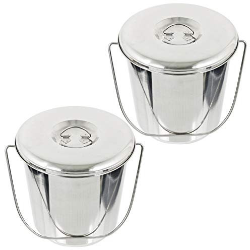 Spares2go 12 Litre Stainless Steel Metal Bucket Handled Pail with Lid for BBQ Barbecue (Silver, Pack of 2)