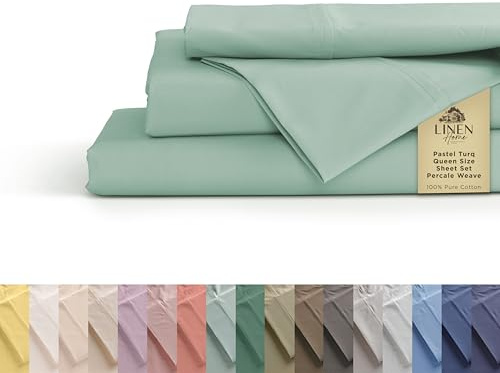 Linen Home 100% Cotton Percale Sheets Queen Size, Pastel Turk, Deep Pocket, 4 Pieces Set - 1 Flat, 1 Deep Pocket Fitted Sheet and 2 Pillowcases, Crisp Cool and Strong Bed Linen