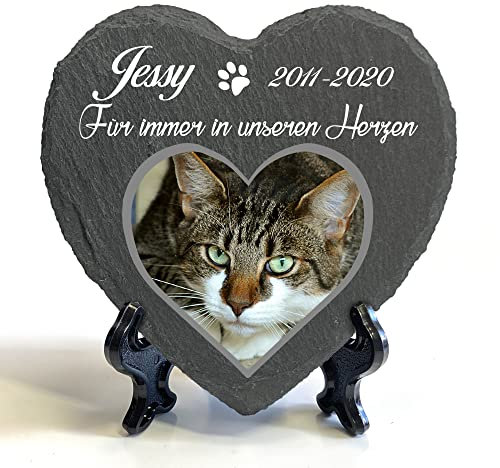 Individueller Personalisiert Groß Herzform Tiergrabstein Schiefer Gedenkstein + Ständer für Hund, Katze und andere Haustiere Tiere - Größe | 25 x 25 cm | - Foto und Name