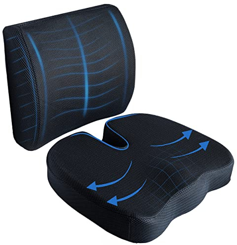 ABN Finest Lumbar and Back Support Cushion Set for Office Chair, Car Seat Cushion with Memory Foam - Desk, Wheelchair, Armchair Pillow for Hemorrhoid, Posture Alignment & Back Pain Relief – Black