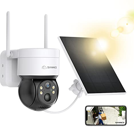 SANNCE 4MP Sicherheit Solarpanel Überwachungskamera Aussen, 350°/90° PT Kamera 6300mAh Akku Outdoor IP65, PIR Erkennung, Farbnachtsicht, 2-Wege-Audio, Funktioniert mit Alexa
