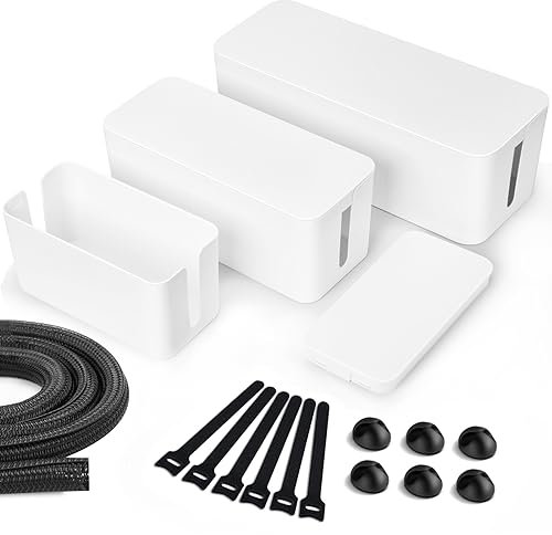 Lannvan Scatola di Gestione dei Cavi,Set da 3 Scatola per Cavi,Scatola Portacavi,Scatola di Immagazzinaggio del Filo per Nascondere i Cavi,Scatola Cavi per Organizzare Cavi per USB e Multipresa,Bianco