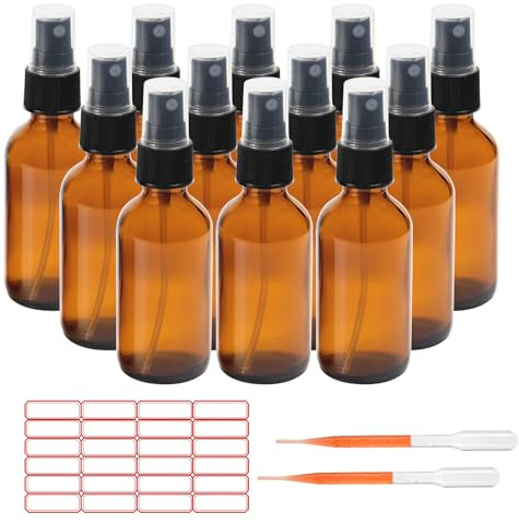 ALWSCI 12 Stück 60 mL Sprühflasche Glas, Bernstein | Bernsteinglas Sprühflasche für ätherische Öle, Schönheit, Haar und Reinigung